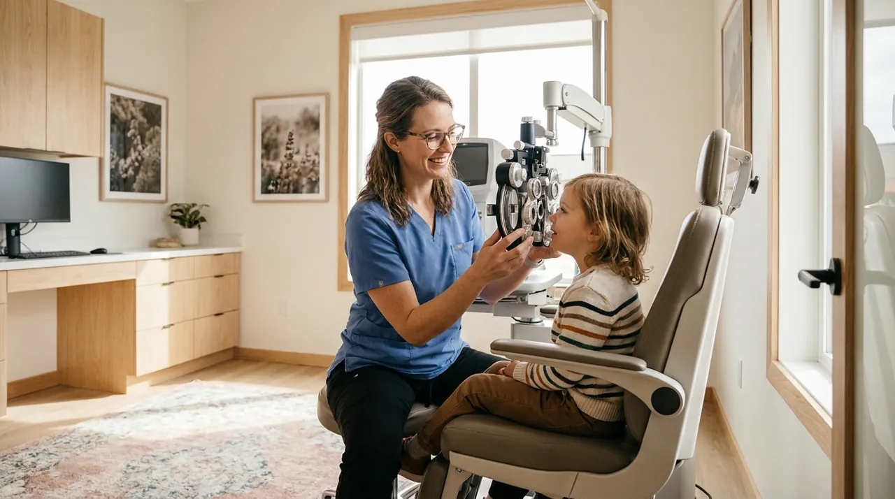 Çocuklarda göz muayenesi: optometrist çocuğun gözlerini kontrol ediyor