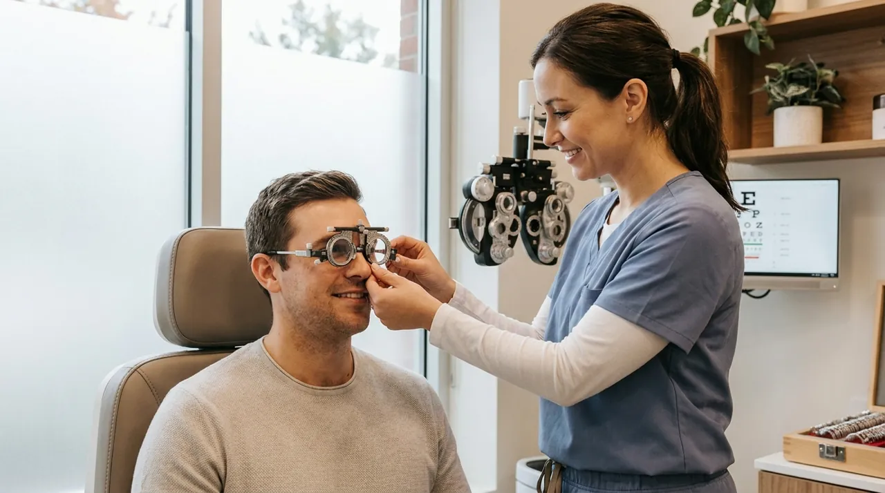 Miyopi muayenesi: optometristin deneme camıyla refraksiyon (numara) ölçümü