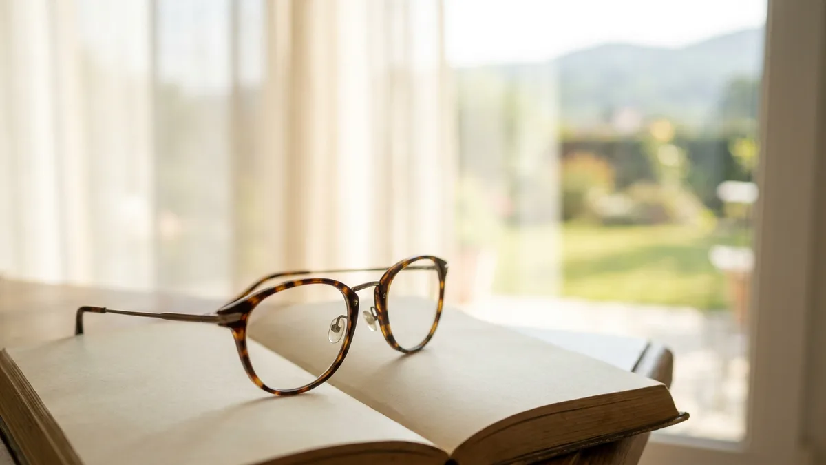 Açık kitap üzerinde gözlük — progresif camda yakın ve uzak görüş